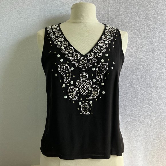 Black Silk Beaded Shell Top - Picture 1 of 9